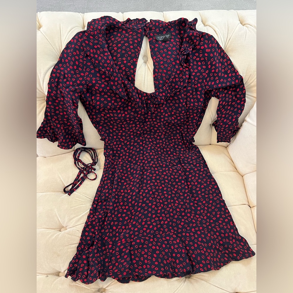 Topshop Lips Print Ruffle Dress with Self Tie Belt